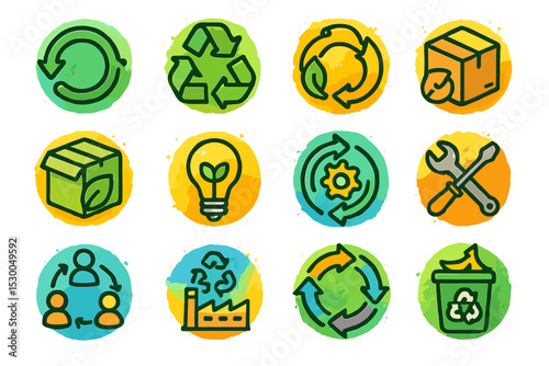 Eco-friendly symbols for recycling and sustainability on colorful background