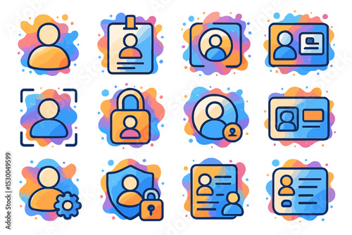 Colorful icon set of user profiles, id cards, and privacy symbols