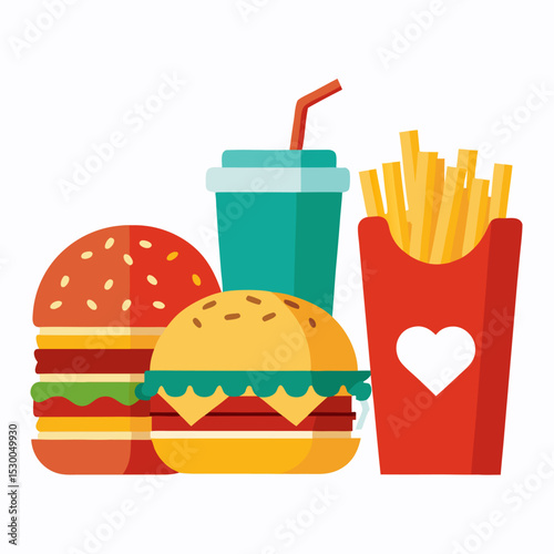 Fast Food Set Illustration with Burger French Fries and Drink in a Colorful Style Design