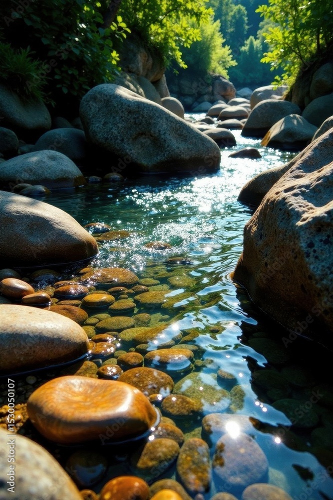 Fototapeta premium Variegated stones gleam beside Rio's flowing water Rich hues along a sunny stream bank , bright, Rio