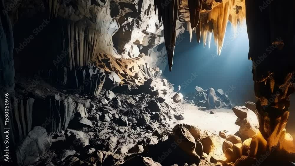 Dramatic limestone cave interior with stalactites and stalagmites illuminated by bright light, creating a mysterious and geological environment