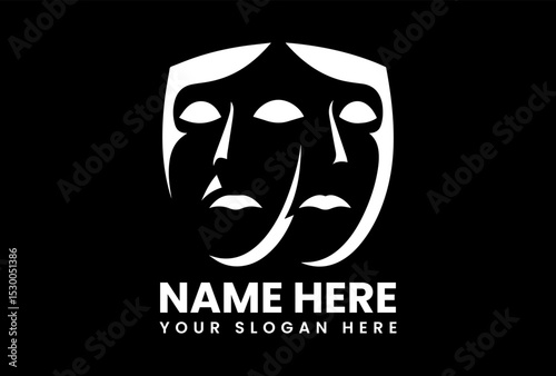 Intertwined black silhouettes of classic comedy and tragedy theatrical masks on a white background. Entertainment concept