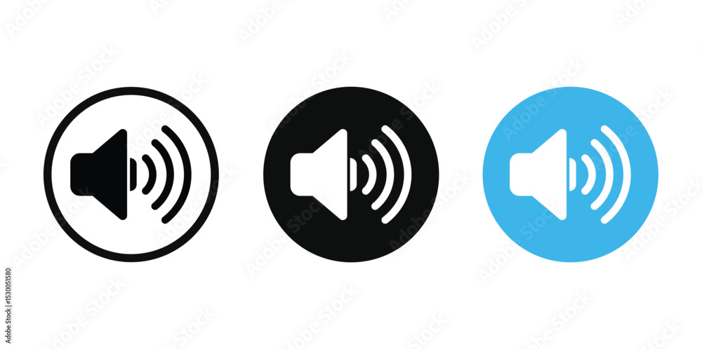 Set of three minimalist flat speaker icons on white. Variations: black circle/white border; black/white speaker+waves; light blue circle/white speaker+waves. Bold contrasting colors, symmetrical, cent