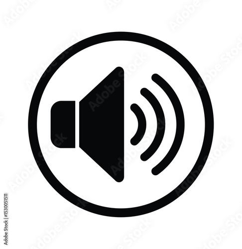 Black and white minimalist speaker icon inside a circle, emitting curved sound waves. Simple, bold vector graphic universally symbolizing audio, sound, or volume. Clean
