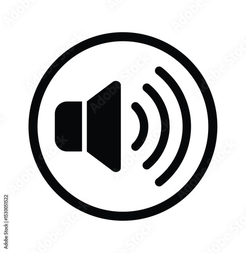 Black and white minimalist speaker icon inside a circle, emitting curved sound waves. Simple, bold vector graphic universally symbolizing audio, sound, or volume. Clean