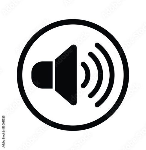 Black and white minimalist speaker icon inside a circle, emitting curved sound waves. Simple, bold vector graphic universally symbolizing audio, sound, or volume. Clean
