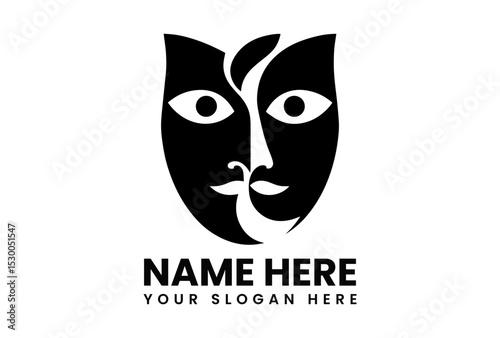 Intertwined black silhouettes of classic comedy and tragedy theatrical masks on a white background. Entertainment concept