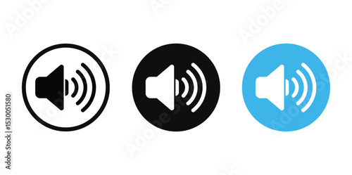 Set of three minimalist flat speaker icons on white. Variations: black circle/white border; black/white speaker+waves; light blue circle/white speaker+waves. Bold contrasting colors, symmetrical, cent