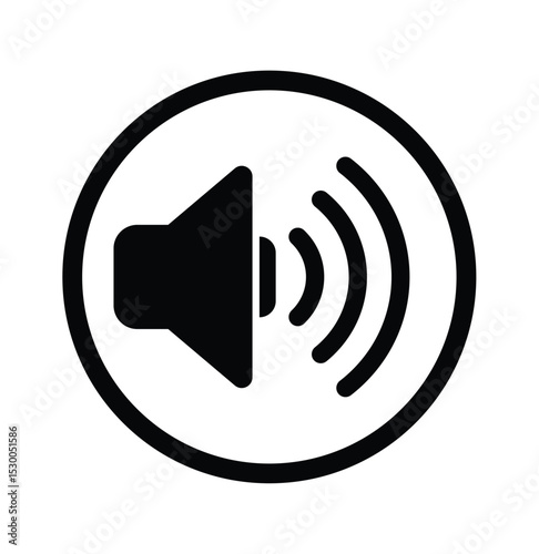 Black and white minimalist speaker icon inside a circle, emitting curved sound waves. Simple, bold vector graphic universally symbolizing audio, sound, or volume. Clean