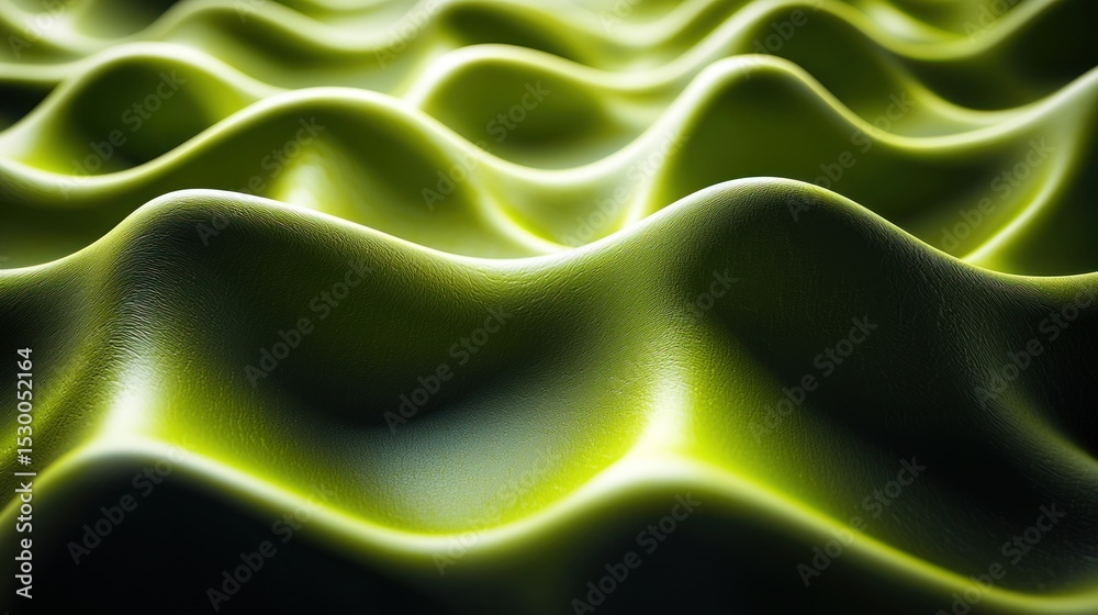 Obraz premium Close-up of a subtly lit, undulating, lime-green surface with a soft, almost foam-like texture, creating a three-dimensional wave pattern