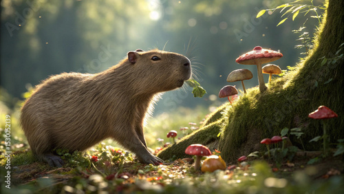 Capybara, surfing, animals, forest, mushroom, green, nature, fun, relax, summer