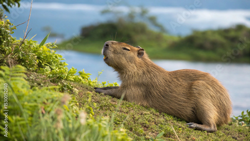 Capybara, surfing, animals, forest, mushroom, green, nature, fun, relax, summer