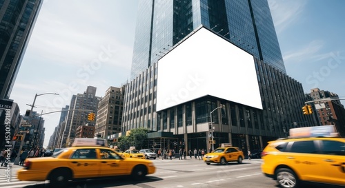 Yellow Taxis Speeding on City Street with Billboard