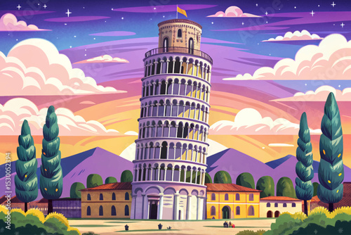 Vector illustration of the Leaning Tower of Pisa against a clear blue sky iconic Italian landmark ideal for travel, tourism, and cultural themes