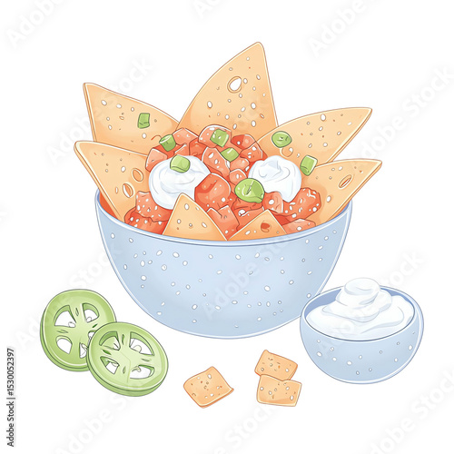 flat style nachos food art cartoon nachos in bowl, mexican snack with sour cream, flat food illustration style cartoon mexican snack bowl tortilla chips with toppings
