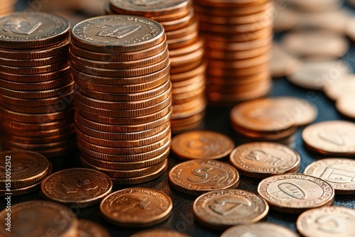 Close-up of several stacks of copper-colored coins on a dark surface, with additional coins scattered around the stacks.  The coins appear to be similar in size and design