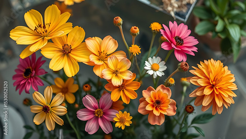 Collection of Colorful Flowers on transparent Background Featuring Yellow Pink and Orange Blooms wit