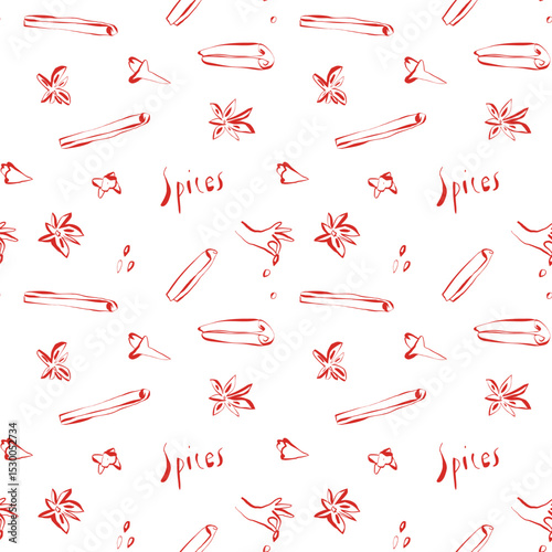 Seamless pattern with red hand drawn spices anise seeds and hand lettering on white background for kitchen and packaging