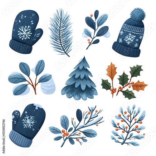 cozy winter cartoon collection winter cartoon elements collection, cozy holiday flat illustration, christmas foliage and clothing festive foliage and clothing icons