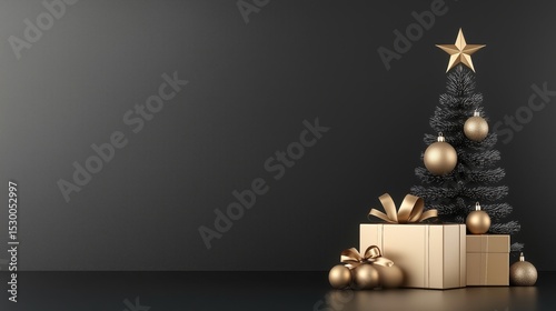 Elegant black and gold christmas tree with ornaments and gifts