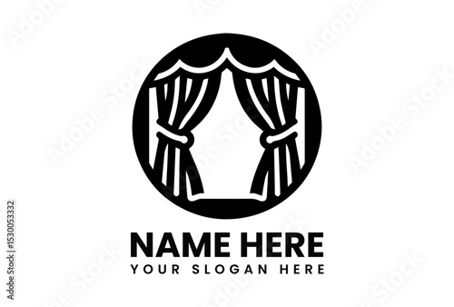 Dramatic black vector logo featuring stylized stage curtains with flowing drapes and tied back details for entertainment