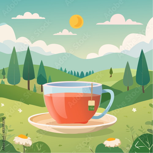 Serene Teacup in a Lush Green Tea Plantation Landscape A Tranquil Illustration