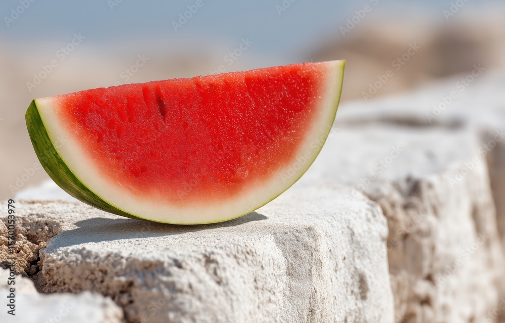 Fresh watermelon L-citrulina slice resting on a textured white wall in natural light with a minimalist aesthetic Fresh watermelon L-citrulina slice resting on a textured white wall in natural light with a minimalist aesthetic