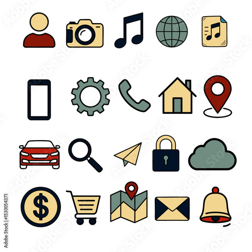 Collection of Digital Icons: A vibrant collection of colorful digital icons, each symbolizing essential modern functions, forming a visual representation of the digital landscape. 