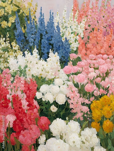 Street-side flower market brimming with brilliantly colored petals and hand-tied bouquets 