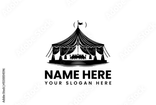 Grand black silhouette of a circus or carnival tent with a banquet table and chairs inside. Event concept
