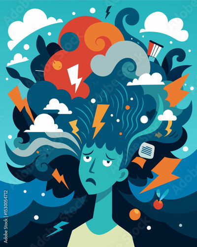 A turbulent sea of thoughts constantly clashing and causing mental chaos.. Vector illustration
