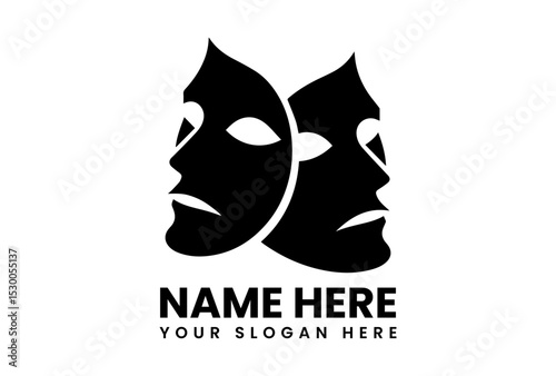 Classic intertwined black silhouette vector logo of comedy and tragedy theater masks on clean white background