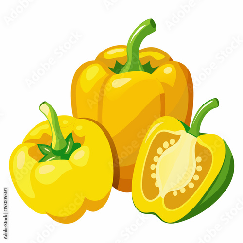 Illustration of a set of yellow bell pepper in whole half and cut slice variations