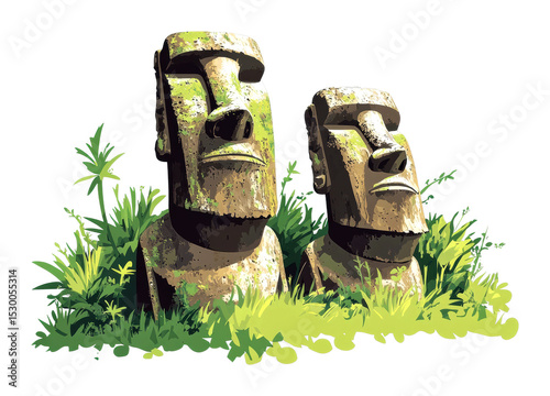 Easter island statues captured in lush greenery nature tranquil environment isolated on transparent background