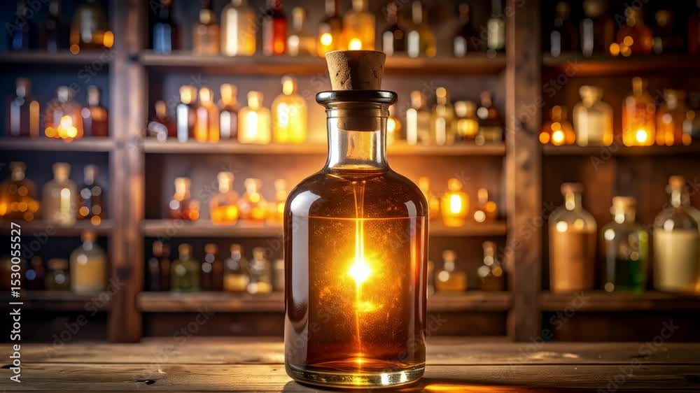 Vintage apothecary glass bottle filled with glowing liquid, old wooden shelves with assorted bottles, rustic bar setting with light