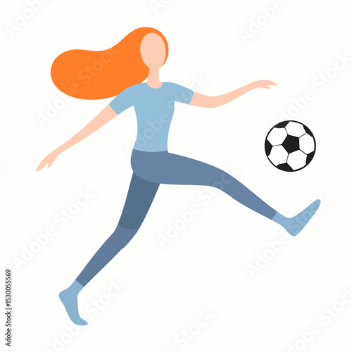 Flat Illustration of Red Hair Woman Kicking a Soccer Ball Sporty Character
