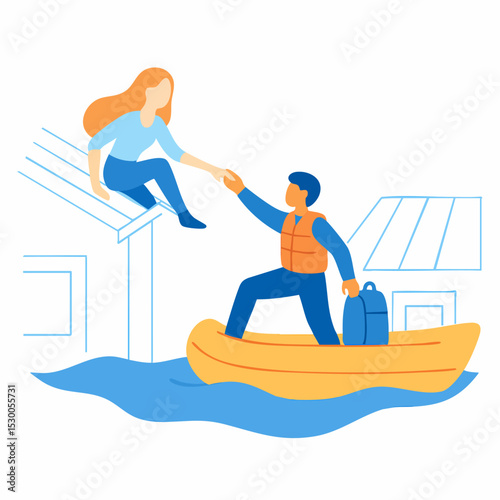Flat Style People Rescue Scene From Flood in Emergency Situation Illustration