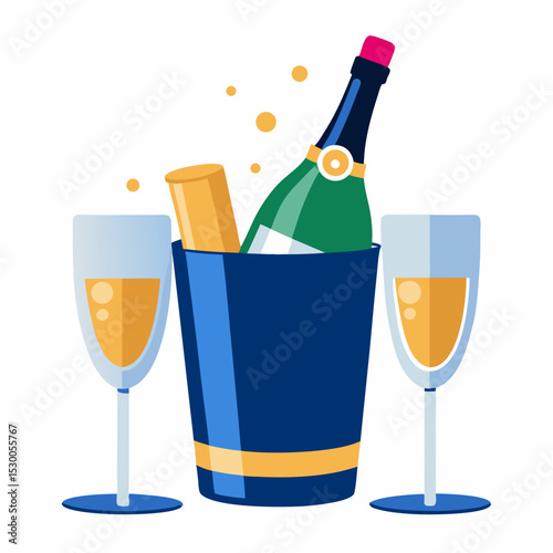Elegant illustration of two champagne glasses with a bottle in an ice bucket celebration design
