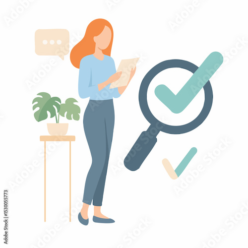 Flat Style Woman Reading Document with Magnifying Glass Illustration