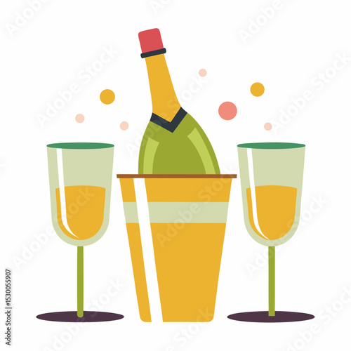 Elegant Celebration Illustration of Two Champagne Glasses and a Bottle in an Ice Bucket