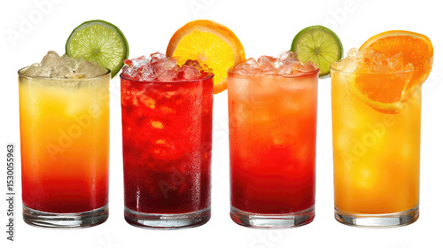 Four vibrant cocktails with citrus garnish and crushed ice in clear glasses