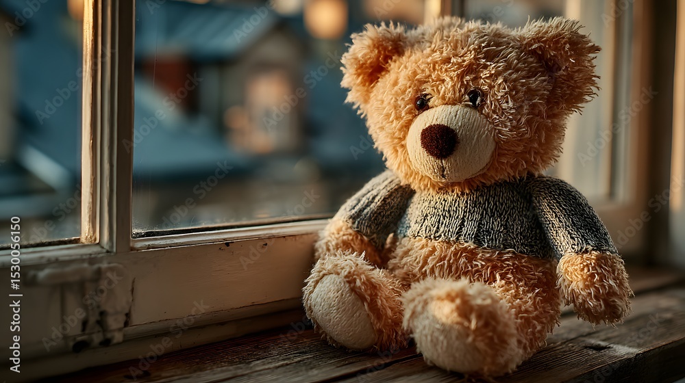 Obraz premium A soft brown teddy bear sitting with its back turned on a sunlit wooden floor. Warm and nostalgic, perfect for emotional storytelling, childhood memory, or quiet moments of reflection.