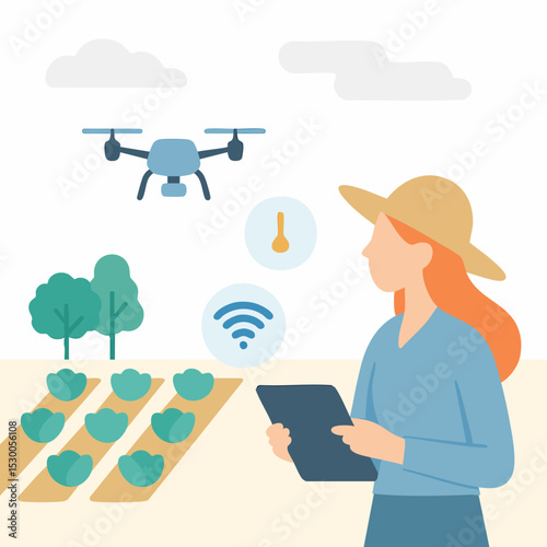 Flat Illustration Drone Monitoring Farm Field with Woman Holding Tablet Technology