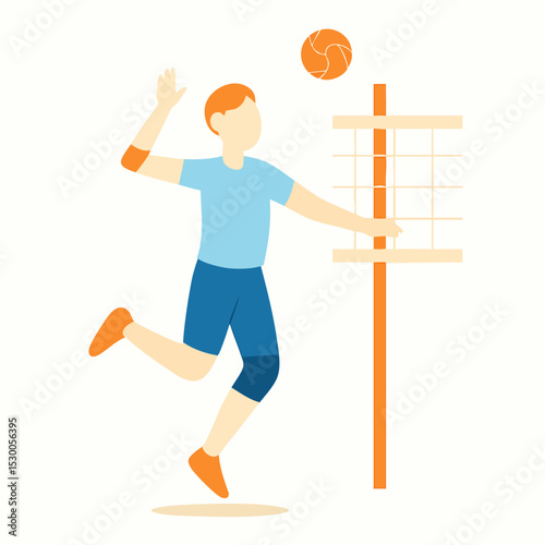 Flat Character Sport Volleyball Player Spiking Ball Near Net Illustration