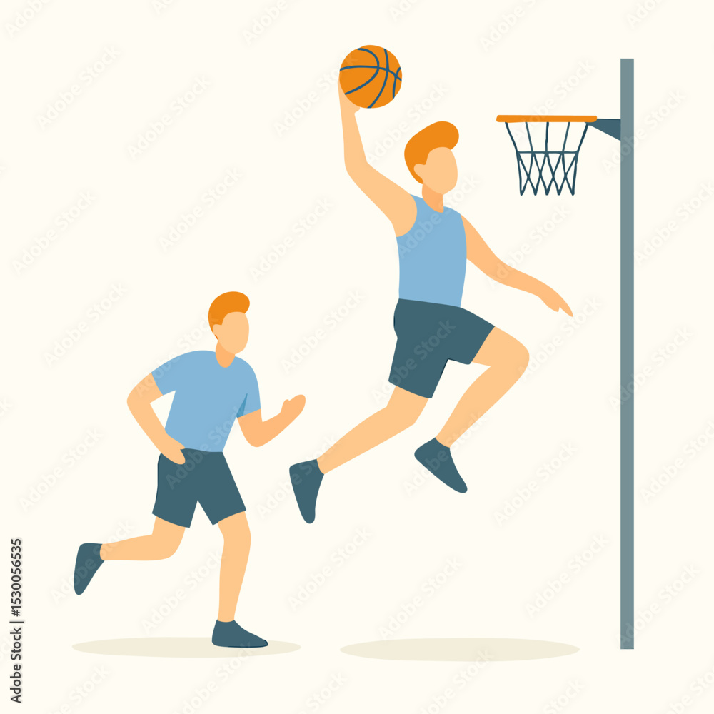 Fototapeta premium Flat Style Young Man Slam Dunk Playing Basketball Illustration