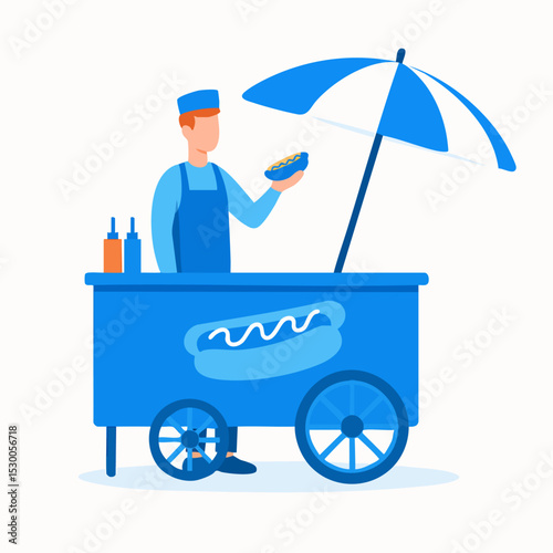 Flat Style Detailed Hotdog Vendor Character with Blue Cart Illustration
