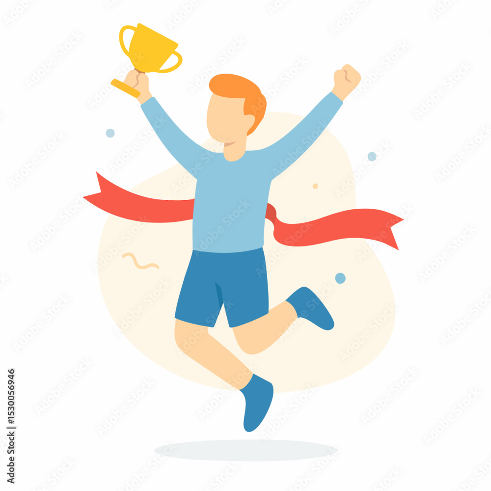 Flat Illustration Man Jumping Holding Trophy Celebrating Success Achievement Flat Illustration Man Jumping Holding Trophy Celebrating Success Achievement