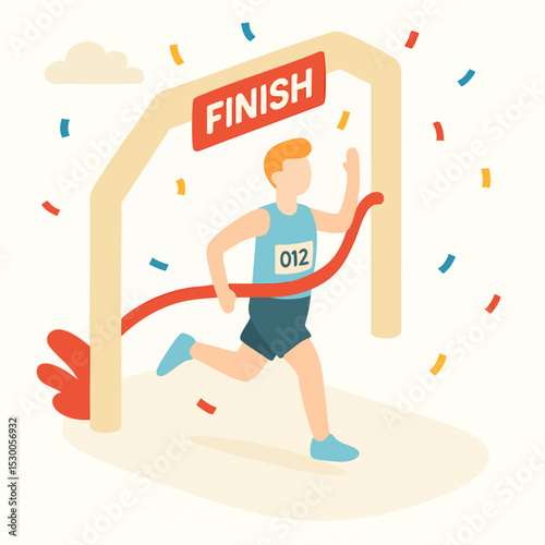 Isometric Style Athletic Runner Crossing Finish Line Victory Illustration