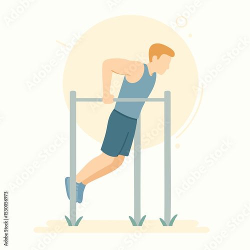 Flat Modern Design Man Doing Dips Exercise on Parallel Bar Illustration