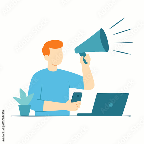 Flat Illustration Person with Megaphone Promotion Online Marketing Concept